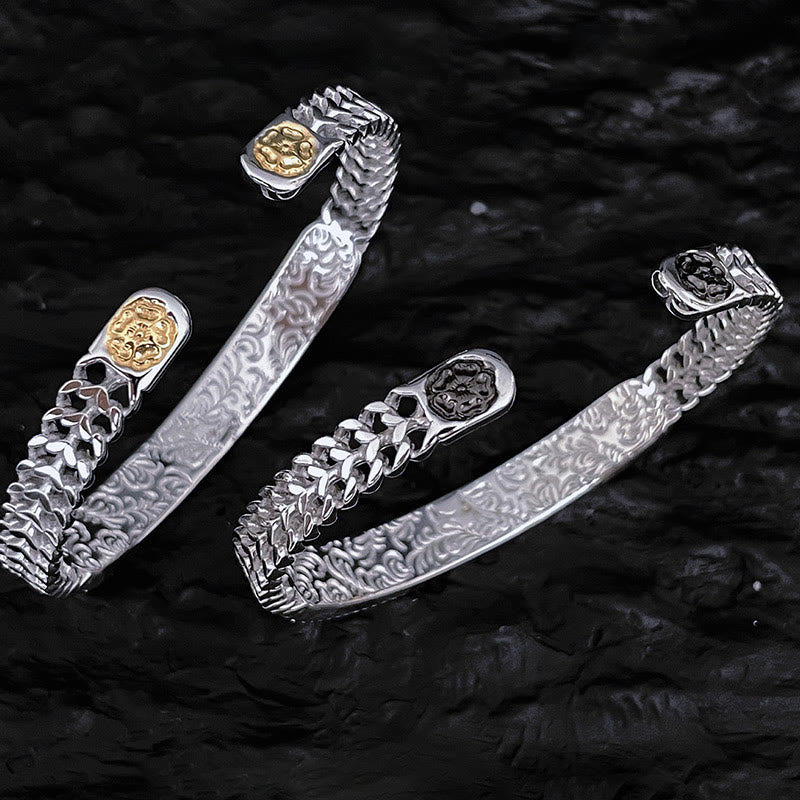Buddha Stones Tang Dynasty Flower Design Engraved Copper Luck Cuff Bracelet Bangle Adjustable Ring - image 1