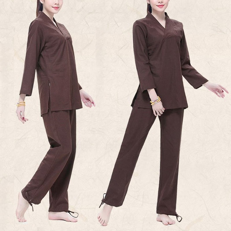 Buddha Stones Zen Practice Yoga Meditation Prayer V-neck Design Uniform Cotton Linen Clothing Women's Set - image 11