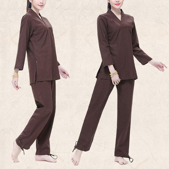 Buddha Stones Zen Practice Yoga Meditation Prayer V-neck Design Uniform Cotton Linen Clothing Women's Set - image 11