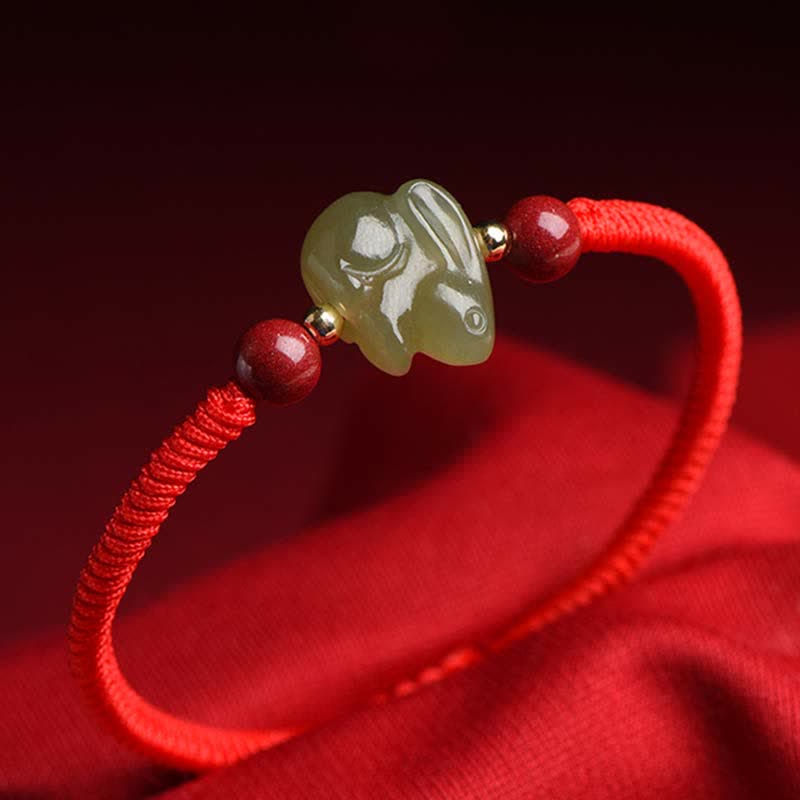 Year of the Rabbit Hetian Jade Bunny Cinnabar Beaded Abundance String Bracelet - Red - image 0