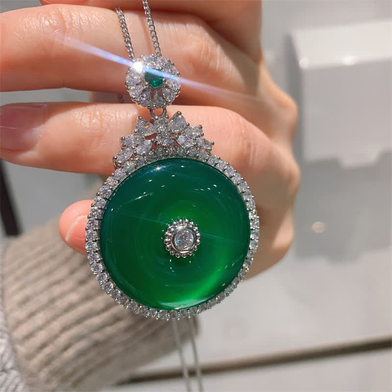 Buddha Stones Green Chalcedony Round Peace Buckle Strength Necklace Pendant - image 3