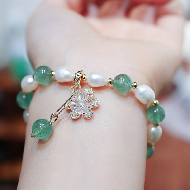 Buddha Stones Natural Green Strawberry Quartz Pearl Flower Charm Love Bracelet - image 2