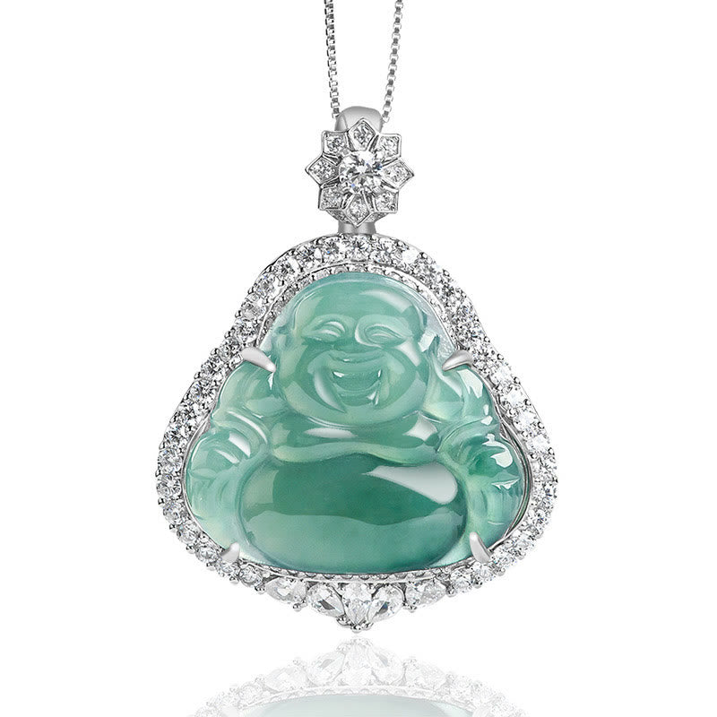 Buddha Stones 925 Sterling Silver Laughing Buddha Natural Jade Luck Abundance Chain Necklace Pendant - Laughing Buddha(Happiness♥Wealth) - image 0