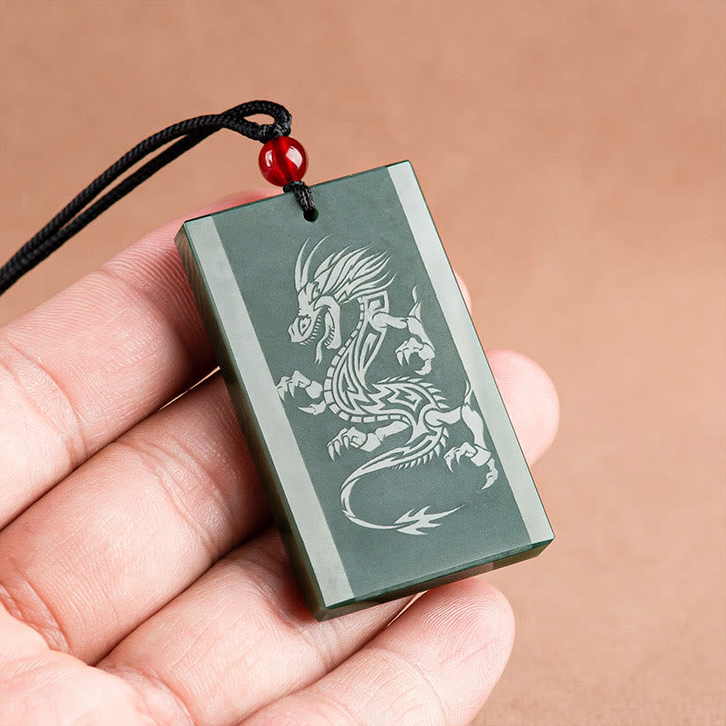 Buddha Stones Hetian Cyan Jade Dragon Engraved Success Necklace Pendant - image 3