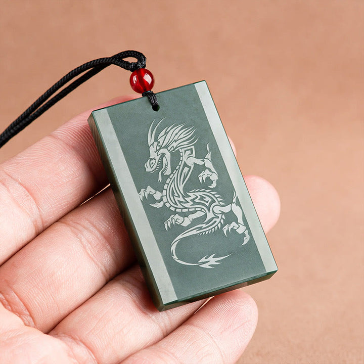 Buddha Stones Hetian Cyan Jade Dragon Engraved Success Necklace Pendant - image 3
