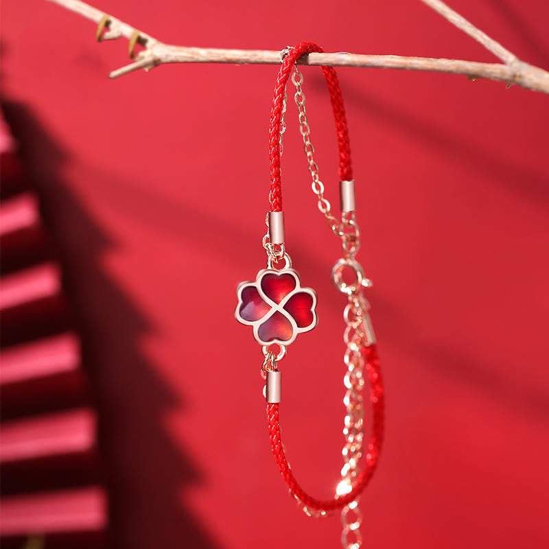 Buddha Stones 925 Sterling Silver Color-changing Four Leaf Clover Luck Protection Red String Bracelet - Red Four Leaf Clover(Bracelet Size 14+4cm) - image 0