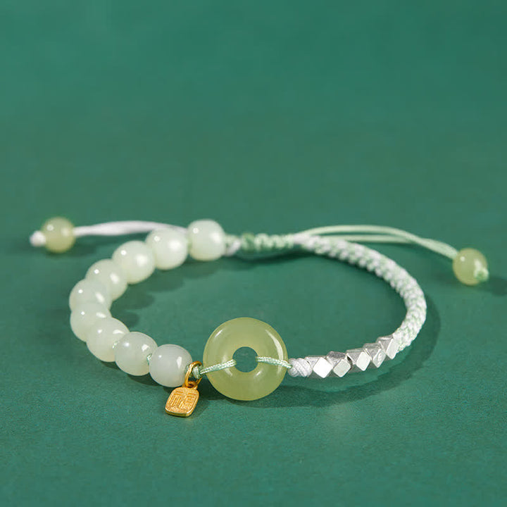 Buddha Stones 925 Sterling Silver Hetian Jade Peace Buckle Beaded Luck Happiness Charm Bracelet - Green - image 15