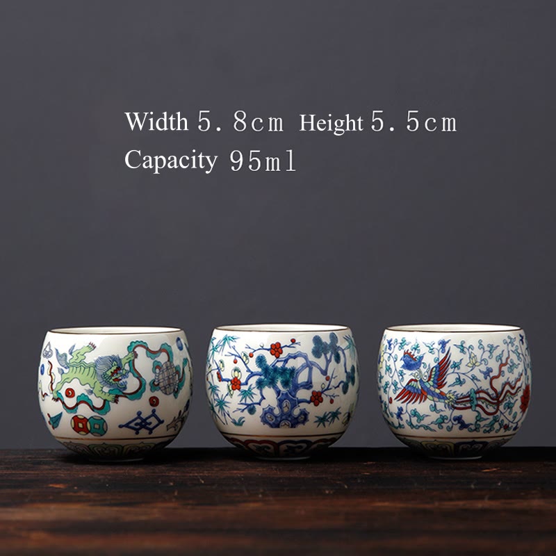 Buddha Stones Vintage Plum Blossom Pine Bamboo Phoenix Kirin Lion Dancing Ceramic Teacup Tea Cups - image 14
