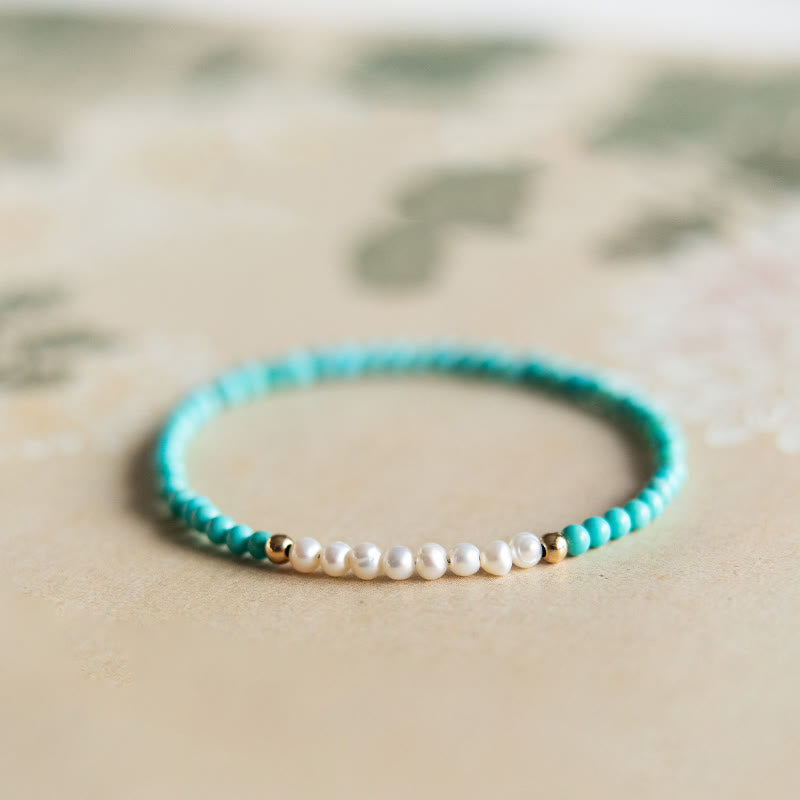 Buddha Stones 925 Sterling Silver Natural Turquoise Pearl Beaded Bracelet - 18-19cm - image 0