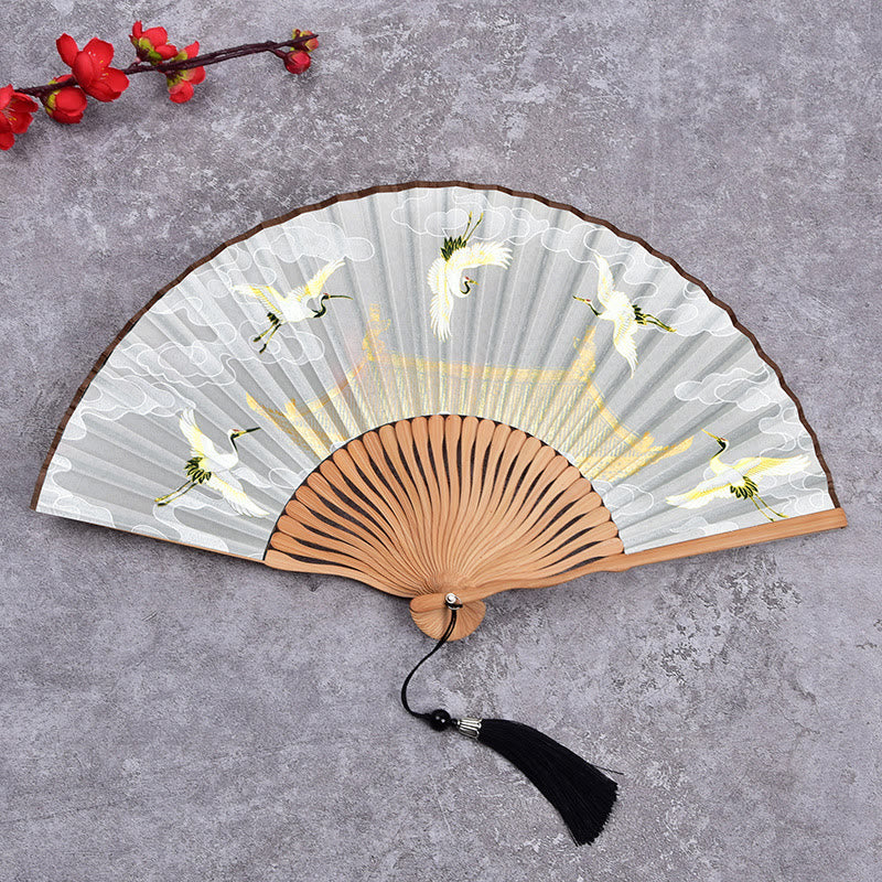 Buddha Stones Vintage Cloud Crane Pattern Handheld Bamboo Folding Fan - Beige - image 8