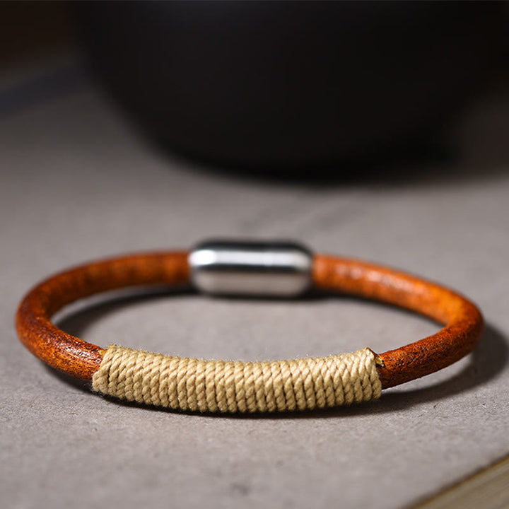 Buddha Stones Tibetan Leather Handmade Five Elements Luck Braid String Buckle Bracelet - Beige(Metal) - 19cm - image 7