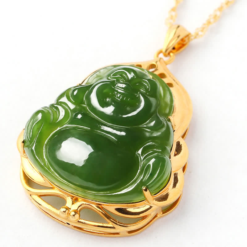 Buddha Stones 925 Sterling Silver Natural Hetian Cyan Jade Laughing Buddha 18K Gold Healing Necklace Chain Pendant - image 8