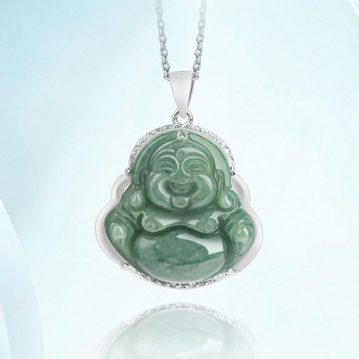 Buddha Stones 925 Sterling Silver Laughing Buddha Jade Abundance Necklace Chain Pendant - image 4