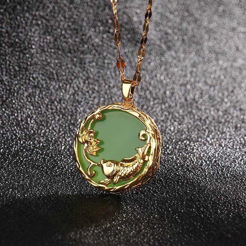 Buddha Stones Natural Jade Koi Fish Lotus Luck Necklace Pendant - Cyan jade - image 0