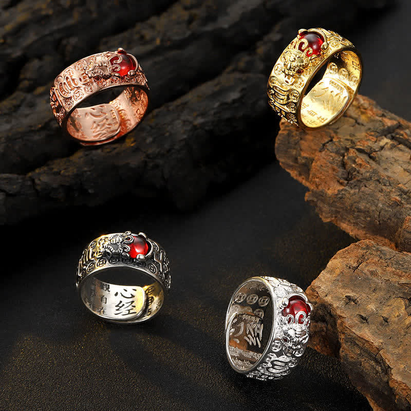 Buddha Stones FengShui PiXiu Red Garnet Heart Sutra Wealth Ring - image 1