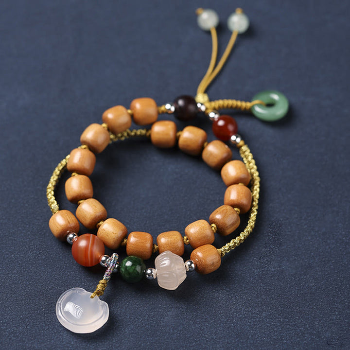 Buddha Stones Green Sandalwood Chalcedony Peace Buckle Charm Soothing Double Wrap Bracelet - image 5