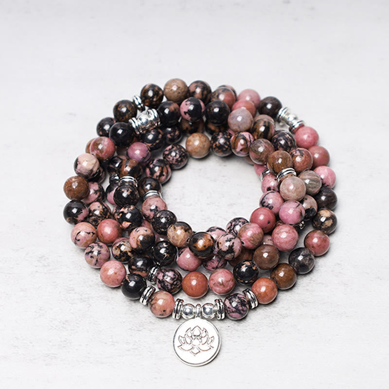 Buddha Stones 108 Mala Beads Rhodonite Lotus Compassion Energy Bracelet - image 0