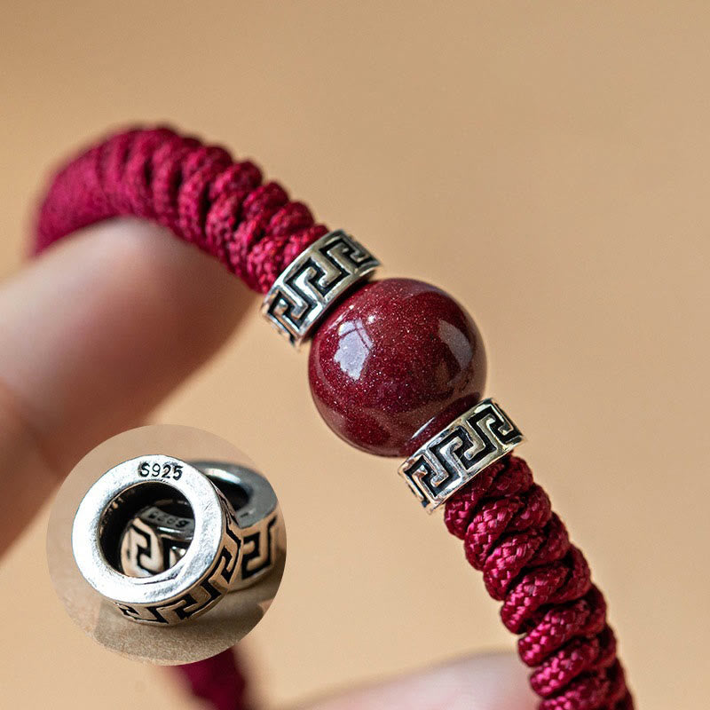 Buddha Stones 925 Sterling Silver Natural Cinnabar Bead Calm Handmade Braided String Bracelet - image 1