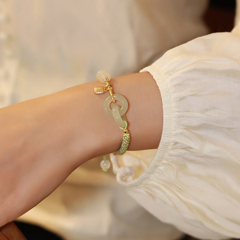 Buddha Stones Natural Hetian Jade Bead Double Peace Buckle Fu Character Abundance Braided Bracelet - image 12