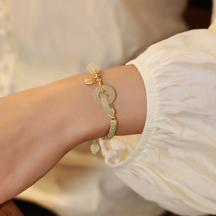 Buddha Stones Natural Hetian Jade Bead Double Peace Buckle Fu Character Abundance Braided Bracelet - image 12