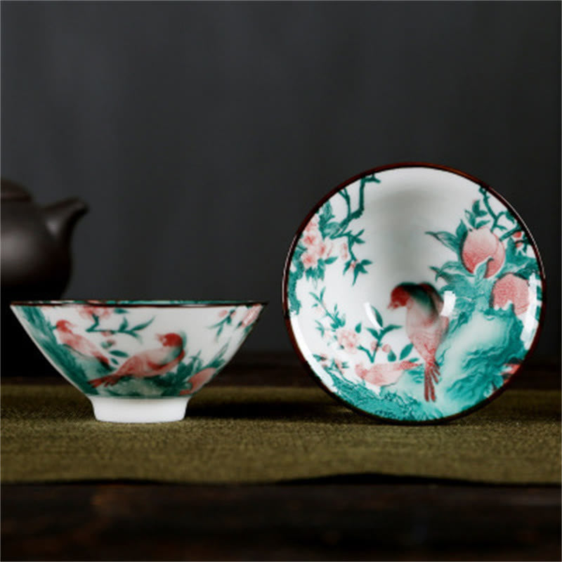 Buddha Stones Flowers Fu Character Mountains Lotus Cherry Blossoms Ceramic Teacup Kung Fu Tea Cup - Two Birds And Red Peach Blossoms 8.5cm*4cm*90ml - image 47