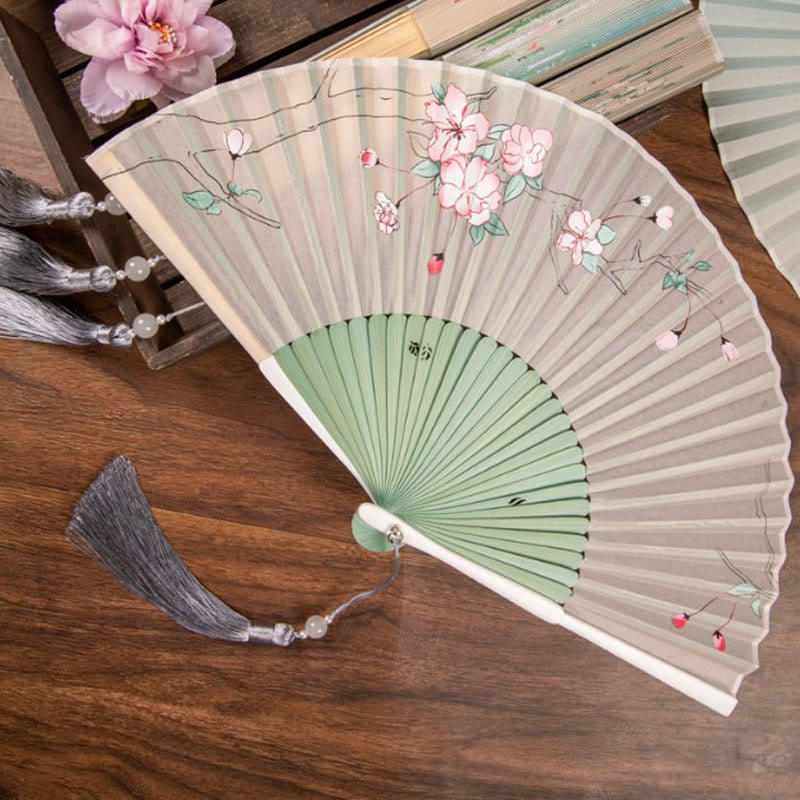 Buddha Stones Jasmine Lotus Begonia Flowers Handheld Bamboo Folding Fan - Green Begonia Flowers - image 7