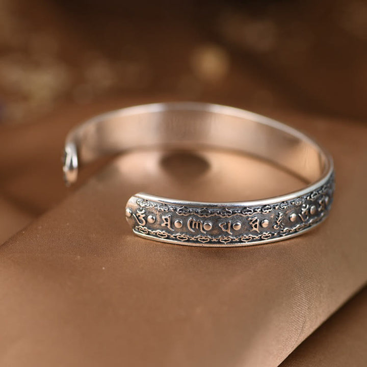 Buddha Stones 925 Sterling Silver Om Mani Padme Hum Double Dorje Engraved Wisdom Cuff Bracelet Bangle - image 6