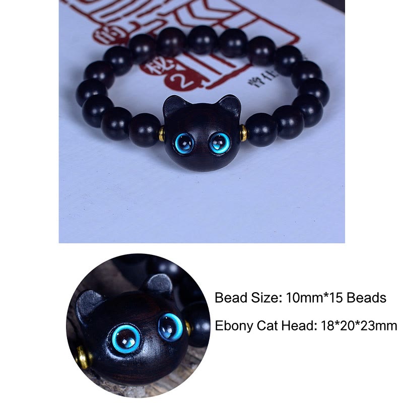 Buddha Stones Ebony Wood Liuli Glass Lovely Cat Peace Balance Bracelet - image 11