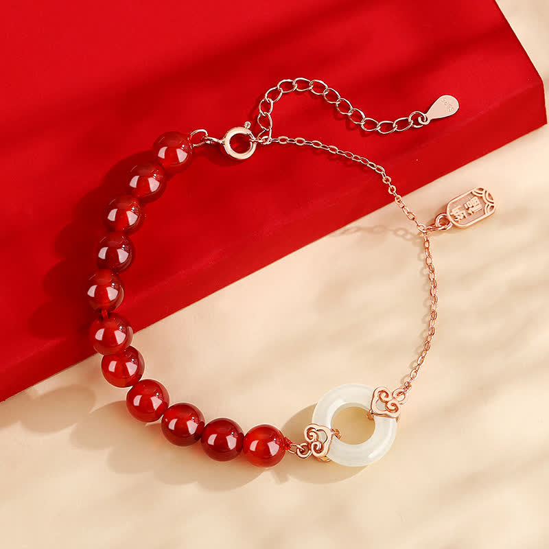 Buddha Stones 925 Sterling Silver Natural Red Agate White Jade Peace Buckle Confidence Bracelet - image 1