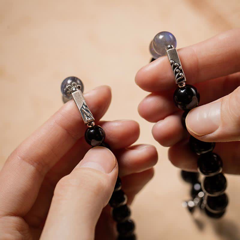 Buddha Stones 925 Sterling Silver Obsidian Moonstone Strength Couple Bracelet - image 10