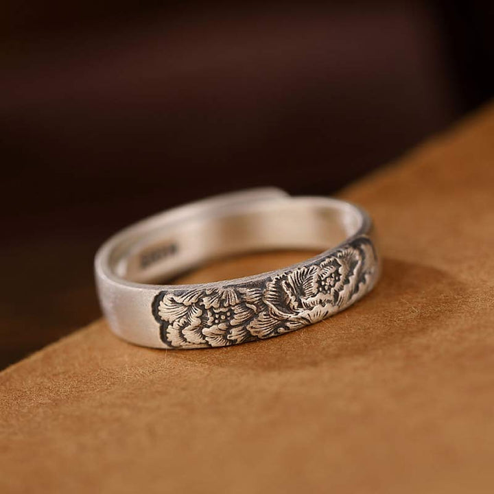 Buddha Stones 999 Sterling Silver Lotus Peony Flower Enlightenment Ring - Peony Flower - image 9