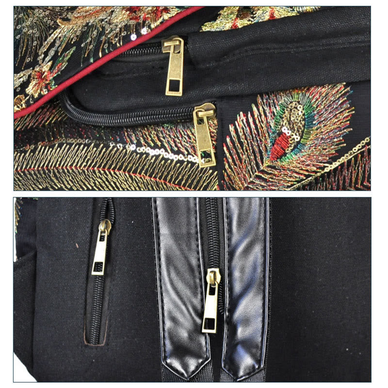 Buddha Stones Peacock Embroidery Canvas Tassel Backpack - image 8