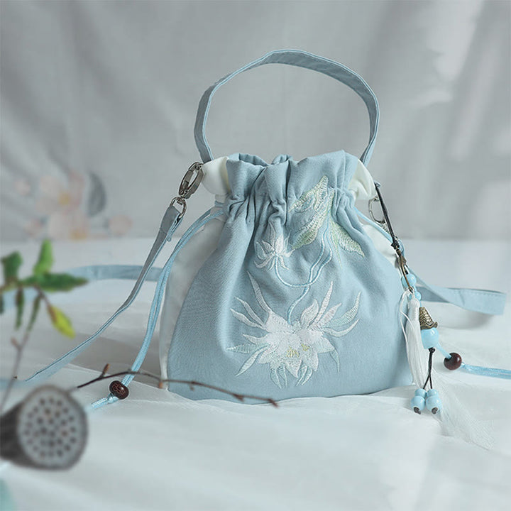 Buddha Stones Handmade Embroidered Flowers Canvas Tote Shoulder Bag Handbag - Blue White Lotus - image 44