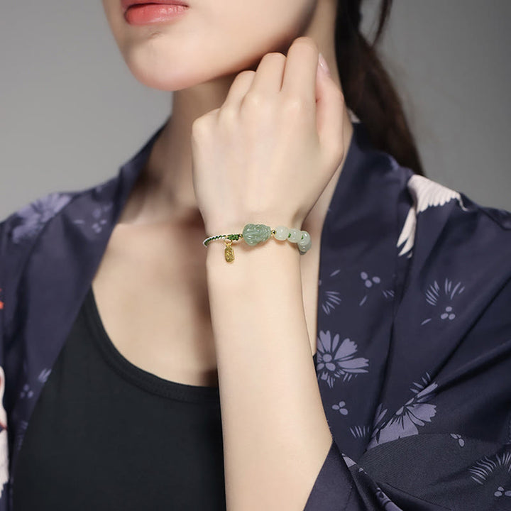Buddha Stones Natural Hetian Jade PiXiu Luck Fu Character String Bracelet - image 3