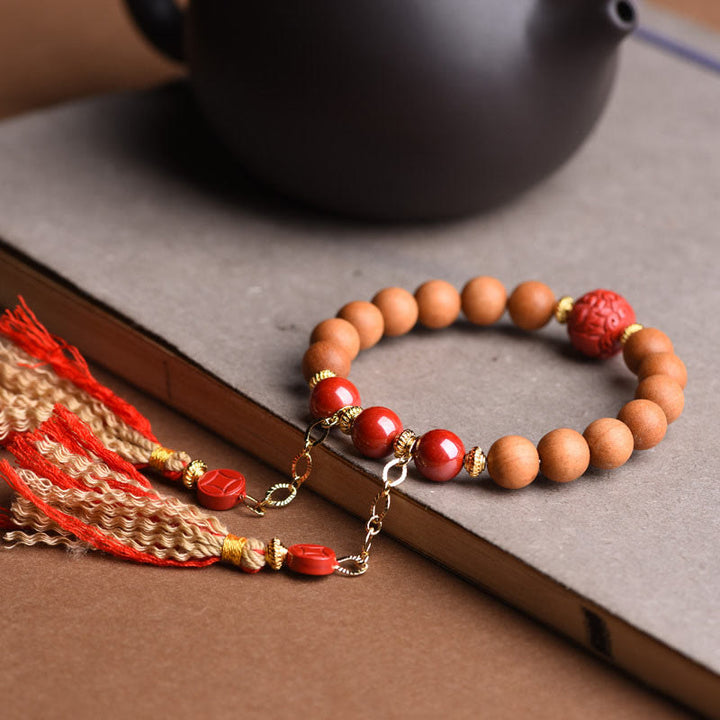 Buddha Stones Tibetan Natural Peach Wood Cinnabar PiXiu Wealth Tassels Bracelet - image 5