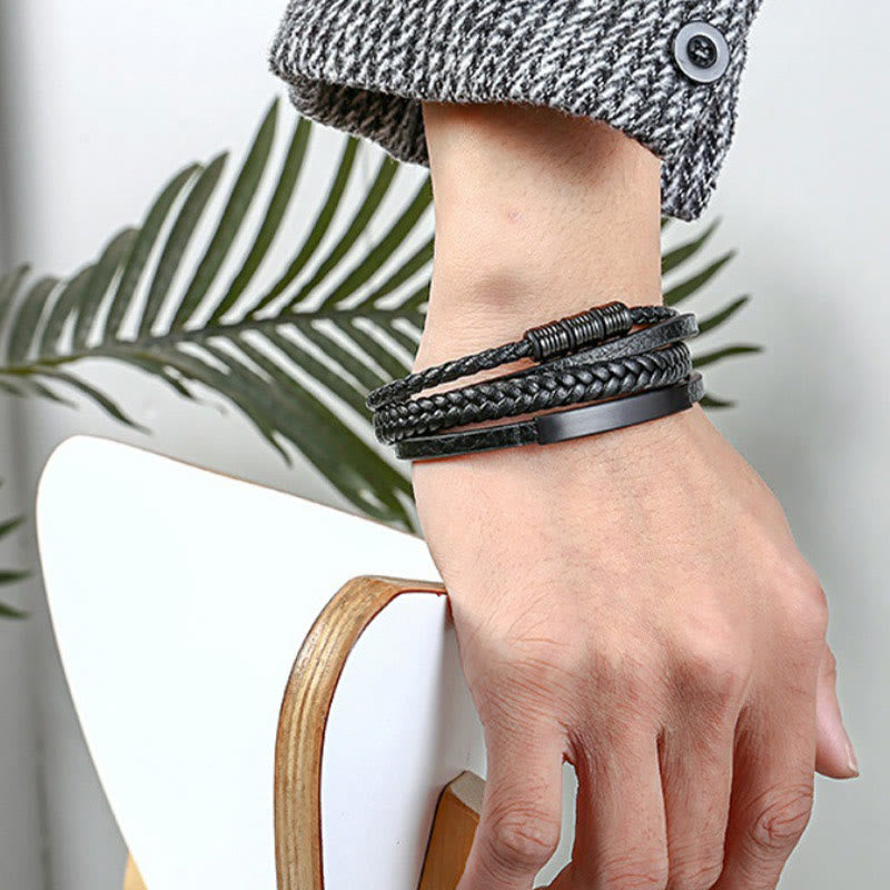 Buddha Stones Leather Multi-Layer Titanium Steel Balance Braided Magnetic Buckle Bracelet - image 5