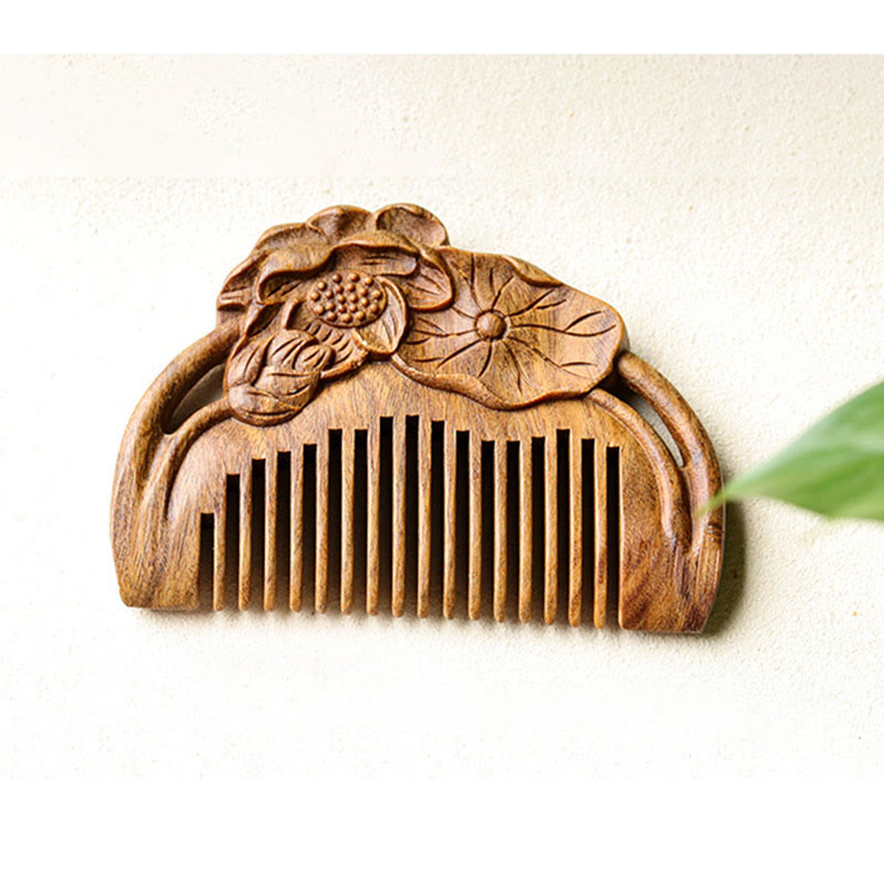 Natural Green Sandalwood Lotus Flower Leaf Engraved Soothing Comb - image 14