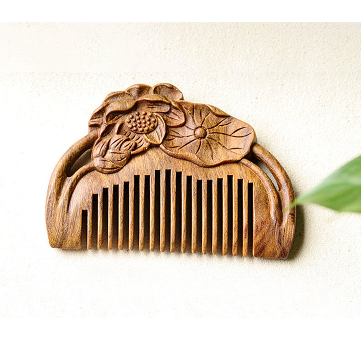 Natural Green Sandalwood Lotus Flower Leaf Engraved Soothing Comb - image 14