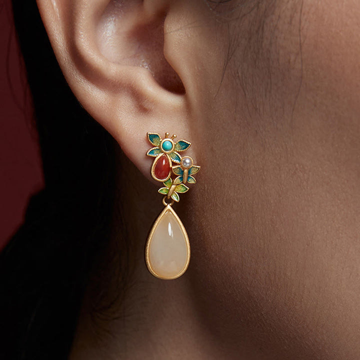 Buddha Stones Water Drop White Jade Red Agate Butterfly Protection Drop Dangle Earrings - image 7