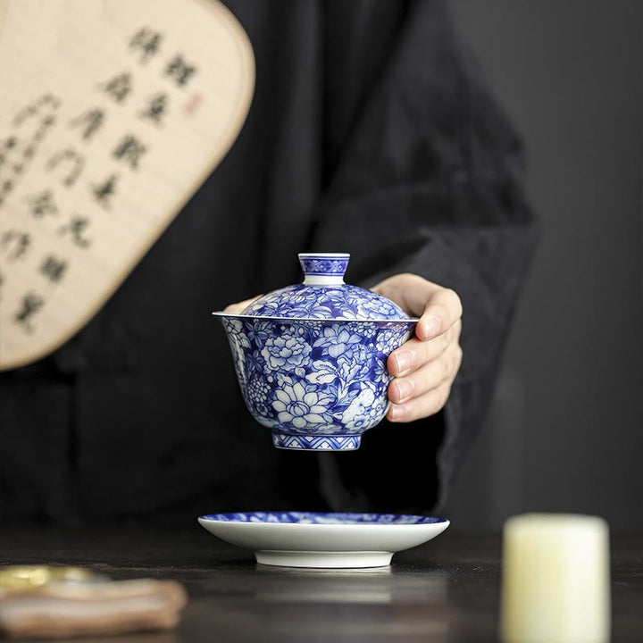 Buddha Stones Vintage Blue And White Porcelain Ceramic Gaiwan Sancai Teacup Kung Fu Tea Cup And Saucer With Lid - image 2