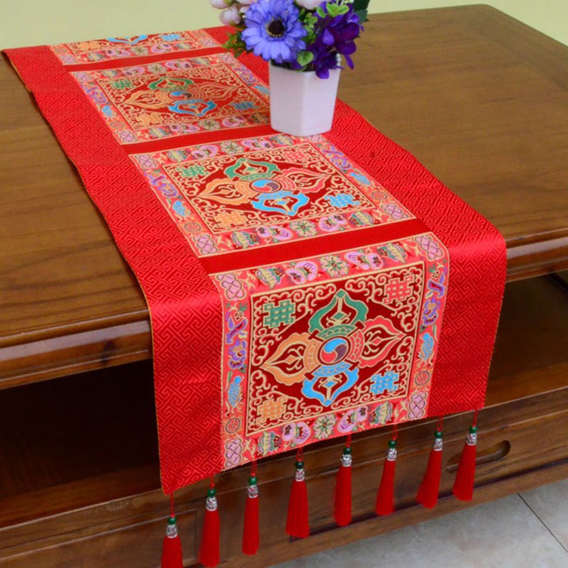 Buddha Stones Prayer Altar Mat Man-Bcu Kalachakra Endless Knot Vajra Tibetan Auspicious Symbols Tassels Table Runner - Vajra - Red - 190*33cm - image 14