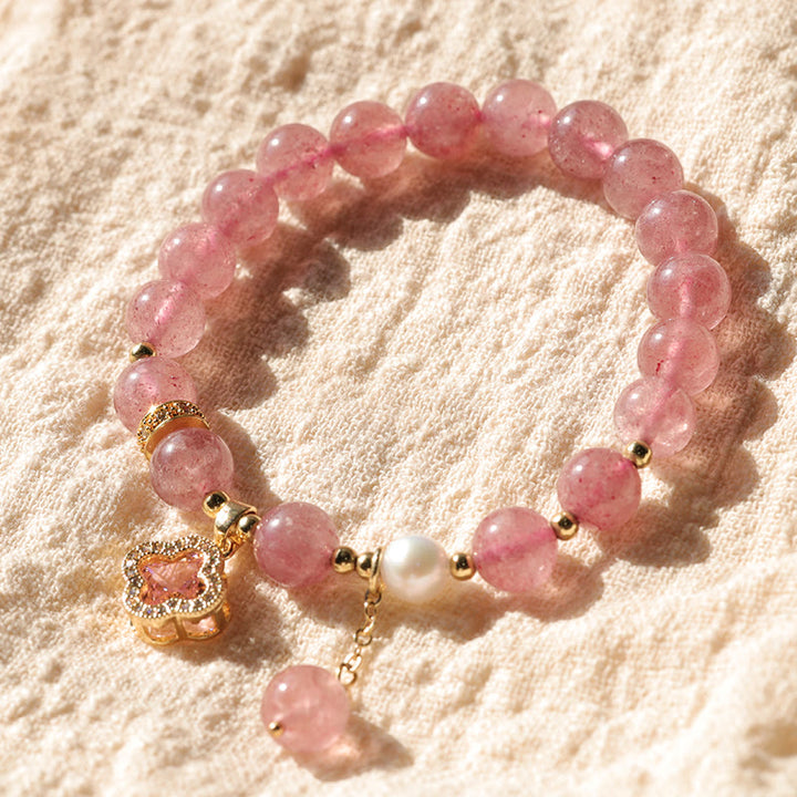 Buddha Stones Strawberry Quartz Pearl Four Leaf Clover Charm Healing Bracelet - image 9
