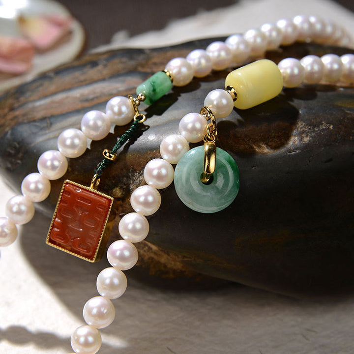 Buddha Stones 925 Sterling Silver Pearl Hetian Jade Red Agate Double Happiness Amber Luck Quadruple Wrap Bracelet - image 2