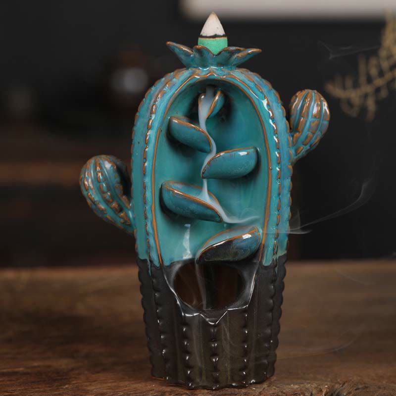 Cactus Ceramic Healing Backflow Smoke Fountain Incense Burner - Cactus-Blue 12.5*6.5*17cm - image 0