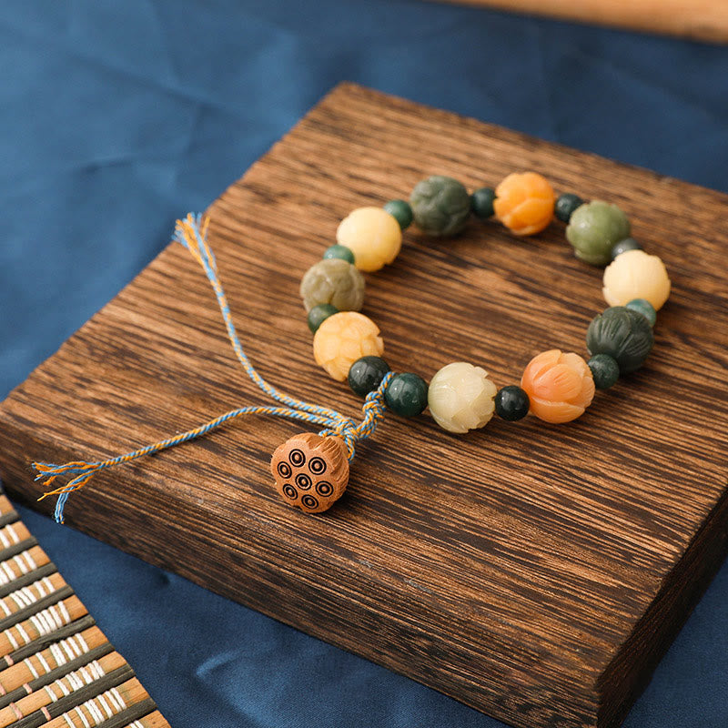 Buddha Stones Bodhi Seed Lotus Bead Engraved Moss Agate Peace Calm Bracelet - image 1