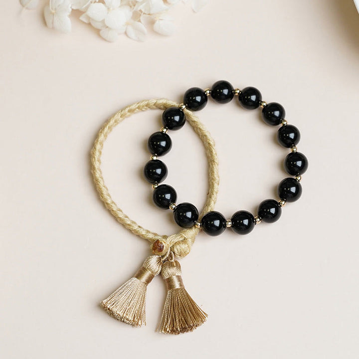 Buddha Stones 2Pcs Black Onyx Bead Support Protection String Bracelet - 20cm - image 0