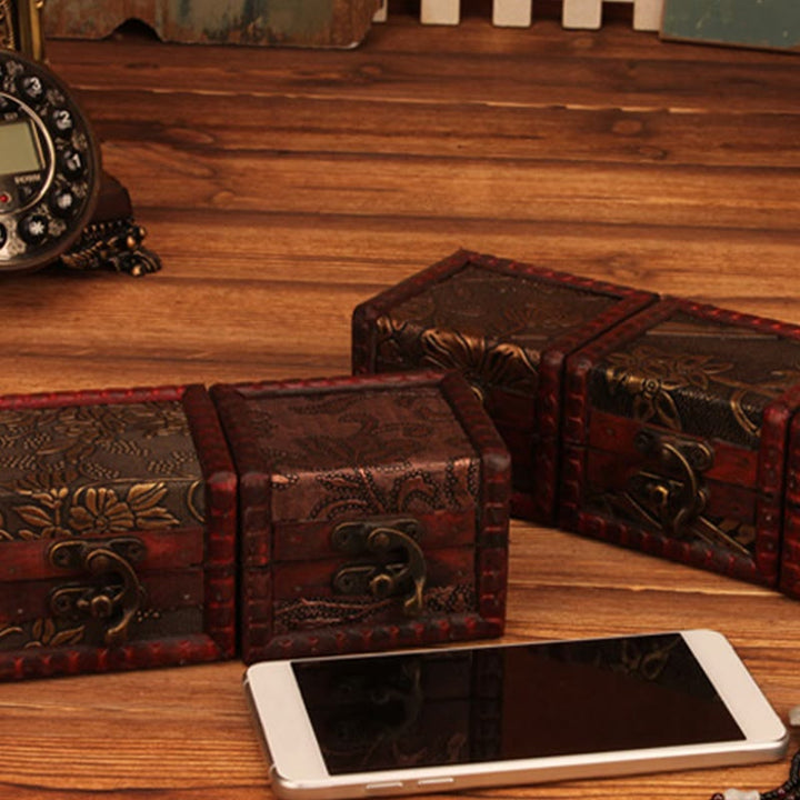 Buddha Stones Retro Small Square Wood Jewelry Box Lotus Grass Flower Grape Copper Coin Daffodil Jewelry Storage Box - image 29