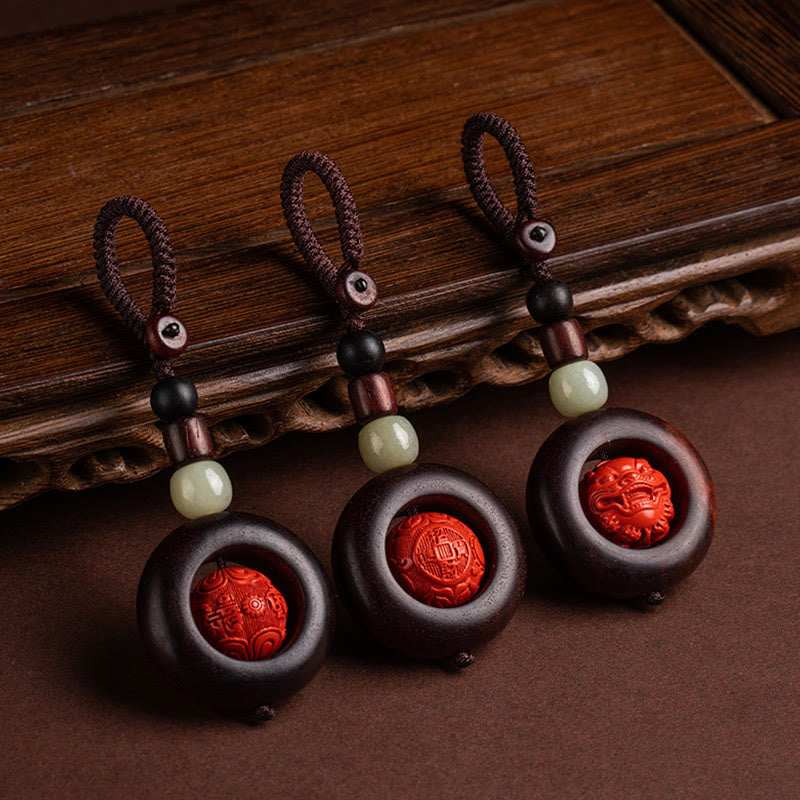 Buddha Stones Tibet Om Mani Padme Hum PiXiu Copper Coin Small Leaf Red Sandalwood Cinnabar Protection Key Chain - image 0