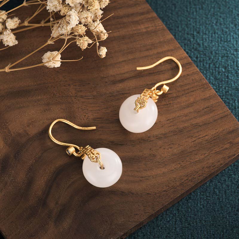 Buddha Stones White Jade Double Happiness Fortune Earrings - image 1