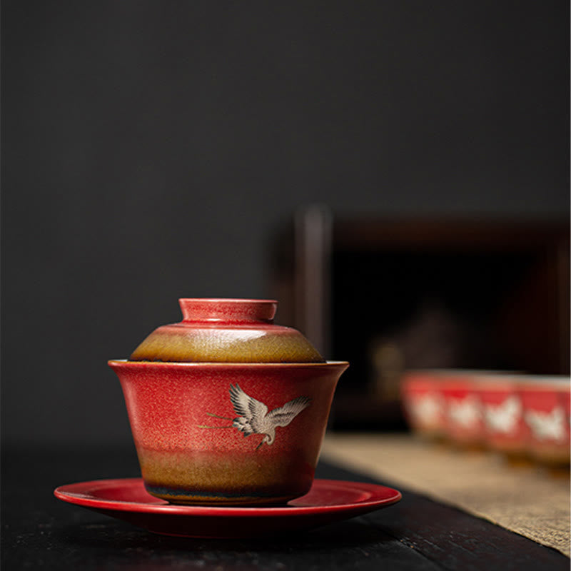 Buddha Stones Red Auspicious Crane Ceramic Gaiwan Sancai Teacup Kung Fu Tea Cup And Saucer With Lid - image 8